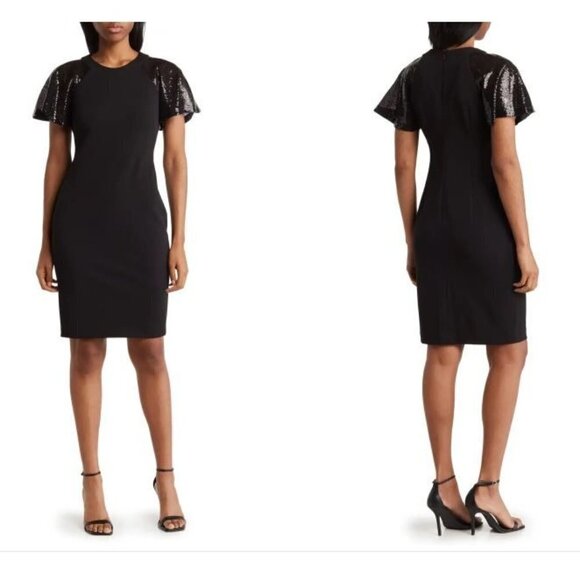 Calvin Klein Womens Black Sequin Short Sleeve Sheath Cocktail Dress Sz 8 New - Picture 5 of 10